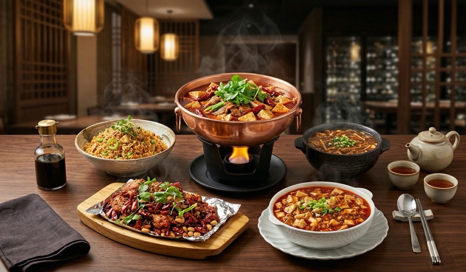 Sizzling platter with spicy fish, wontons and Sichuan dishes on red tablecloth